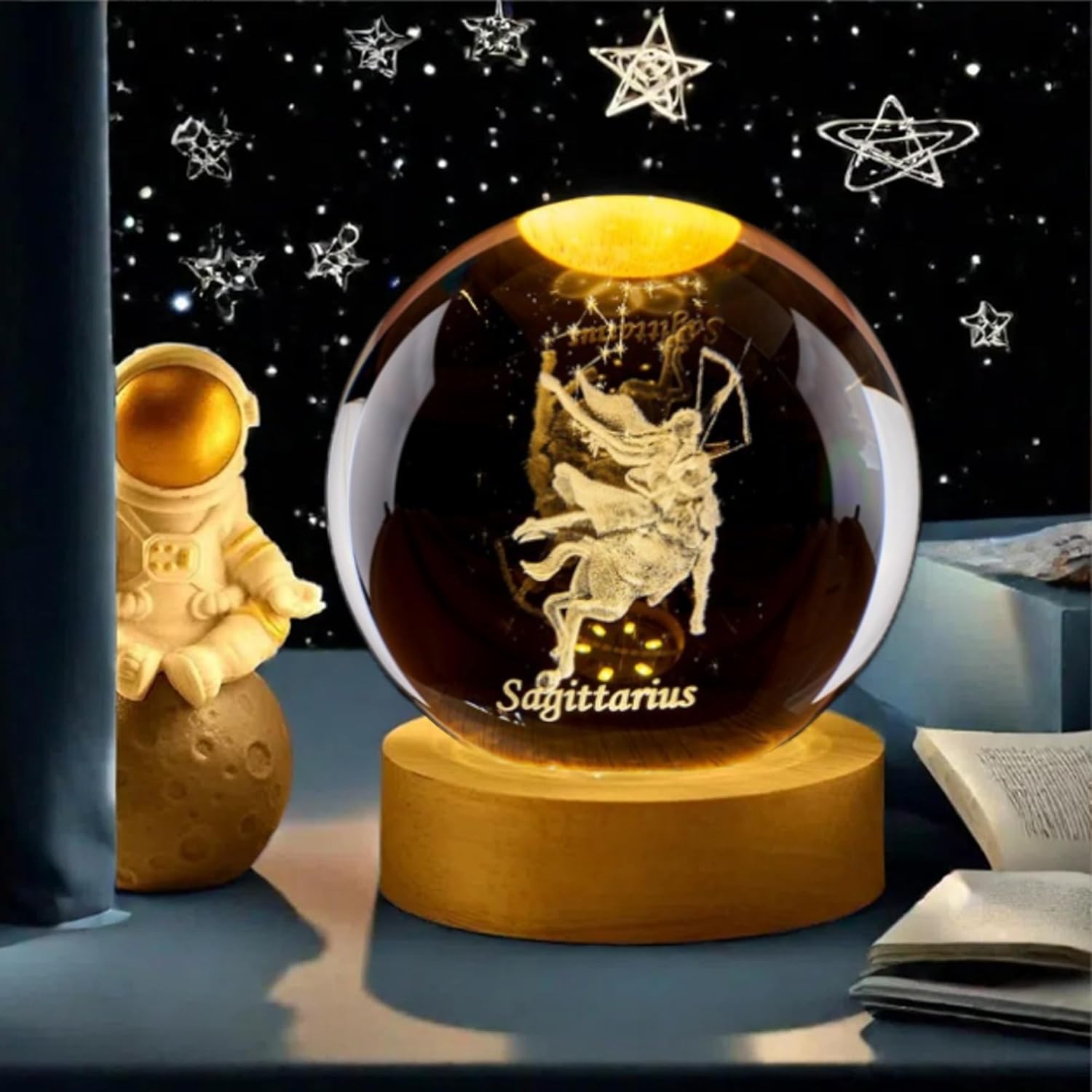 3D 射手座クリスタルボール 木製ライトベース付き 星座ガラ - Paper Weight Crystal のレビューと価格