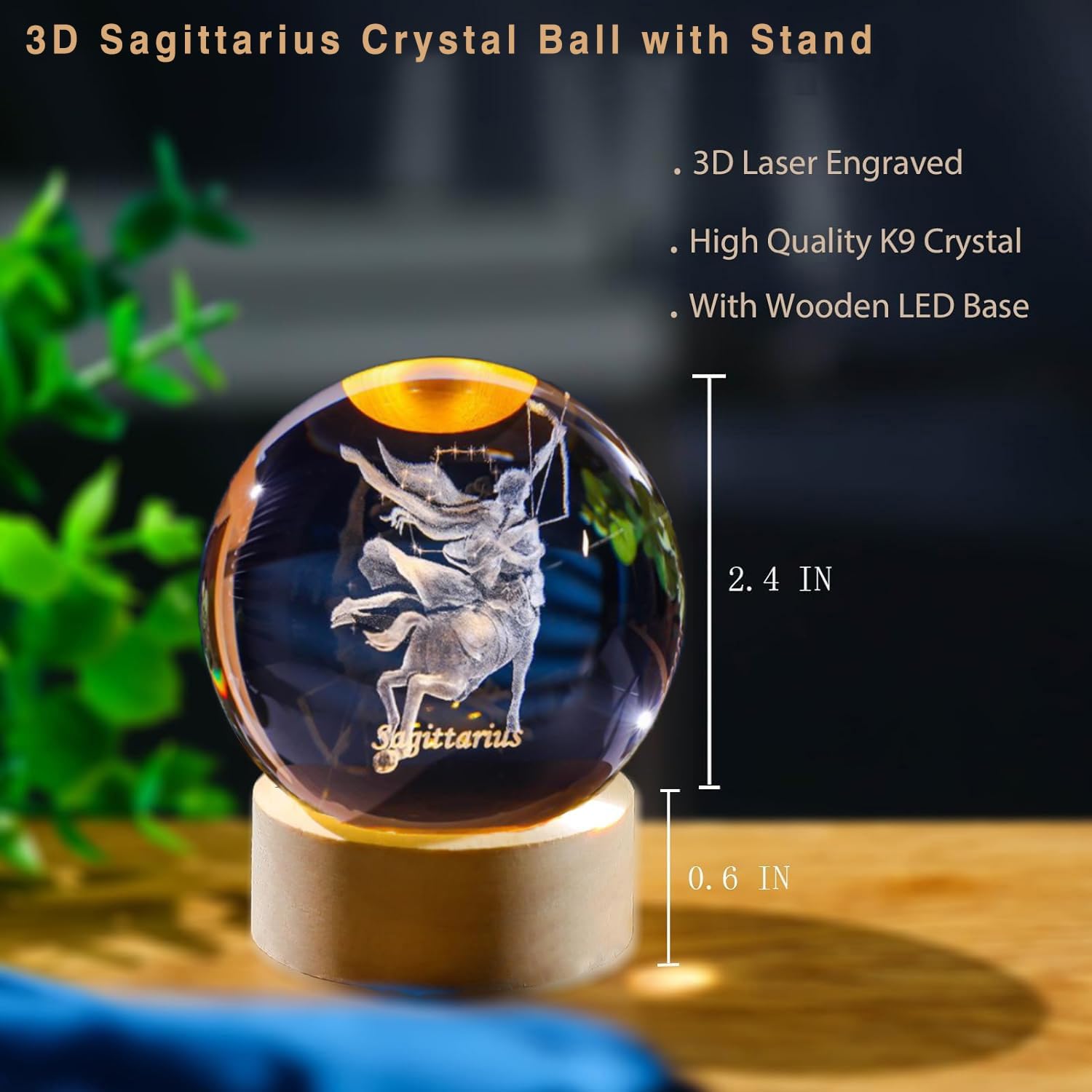 3D 射手座クリスタルボール 木製ライトベース付き 星座ガラ - Paper Weight Crystal のレビューと価格